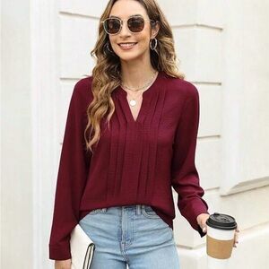 SHEIN burgundy Pleated Mandarin Collar long sleeve Blouse size S business casual